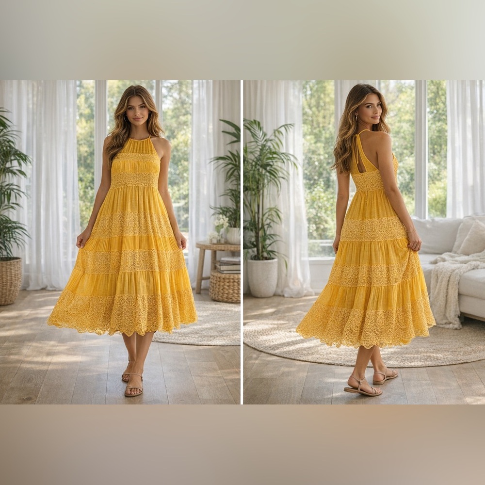 HD in Paris Yellow Eyelet Tiered Midi Dress